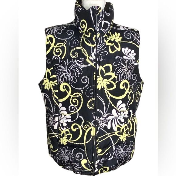 Athleta XL Goose Down Puffer Vest Black Yellow Floral Adjustable Jacket Women’s - Picture 2 of 6